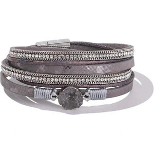 Bohemian Gray Faux Leather Layered Wrap Bracelet
